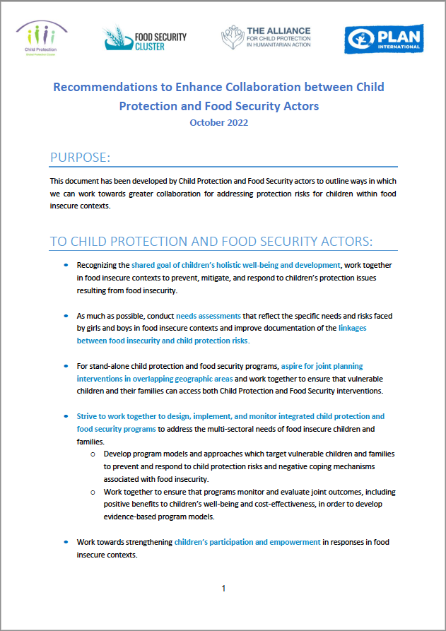 Renforcer la collaboration entre les acteurs de la protection de l'enfance et de la sécurité alimentaire