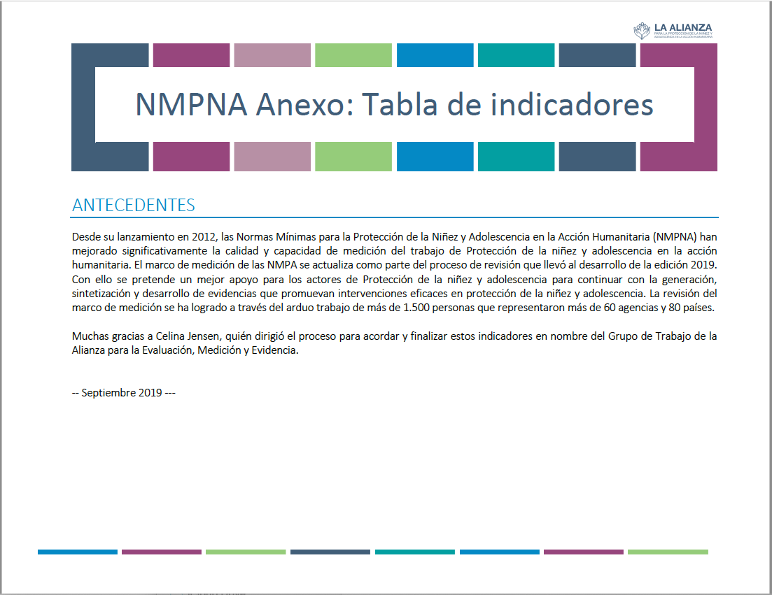 Tabla de indicadores NMPNA Alliance CHPA