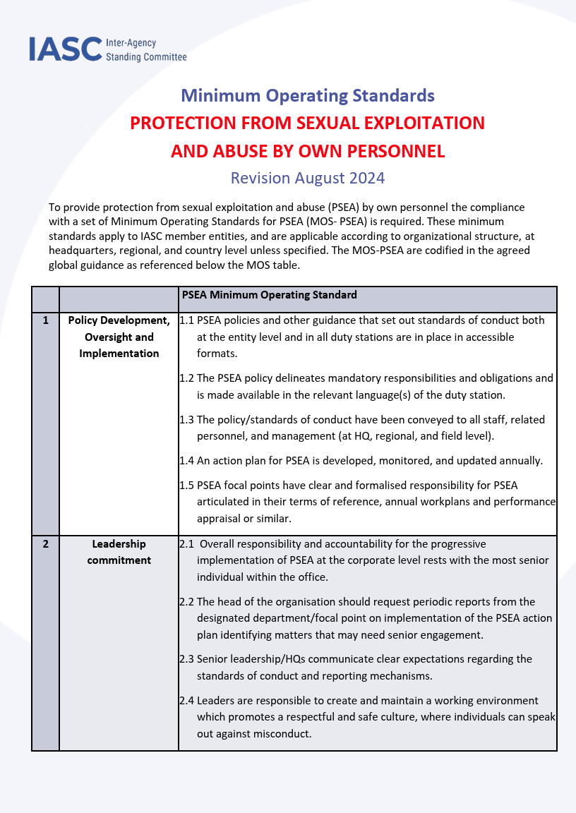 IASC Minimum Operating Standards - Protection from Sexual Exploitation ...