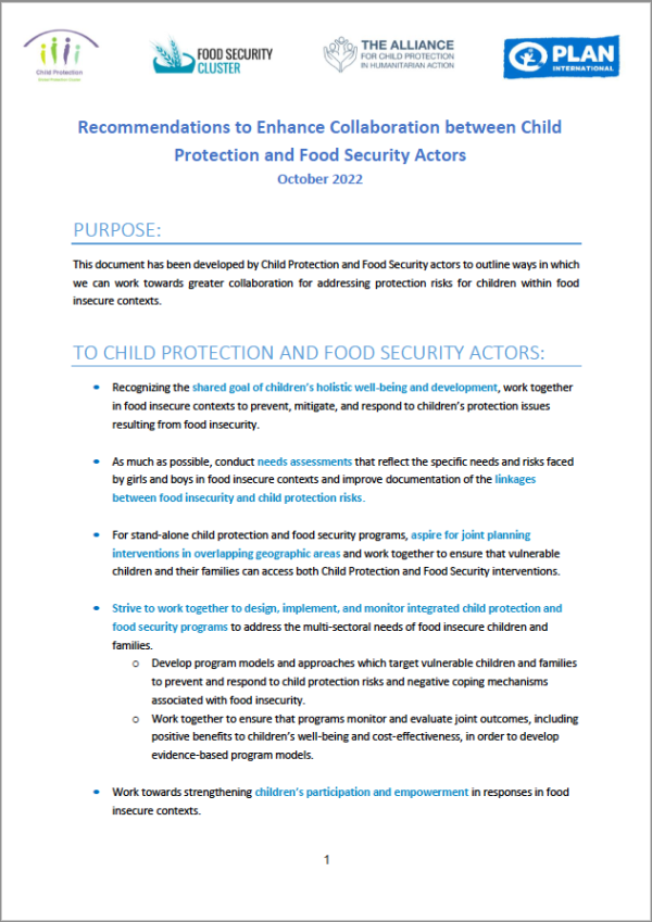 توصيات | تعزيز التعاون بين الجهات الفاعلة في مجال حماية الطفل والأمن الغذائي